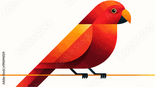 A vibrant geometric bird illustration perching on a line, in warm reds, oranges, and yellows