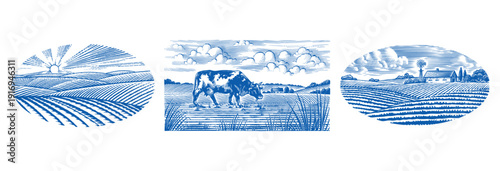 Rustic meadow hand drawn village landscapes illustrations with fields, house, cow oak and windmill. Beautiful rural scentic farm view for milk, cheese farm products. Eco natural food engraving.