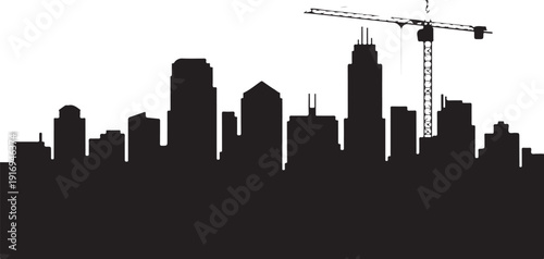 Black and white city skyline with construction crane silhouette 1