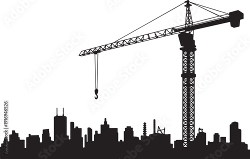 Black and white city skyline with large construction crane 1