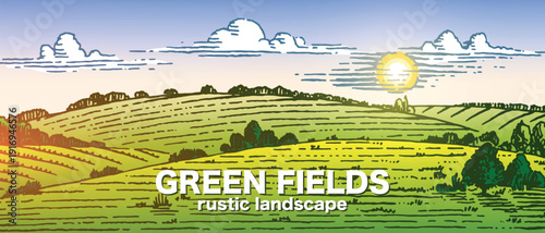 Rustic meadow hand drawn village landscape illustration with fields. Beautiful scentic view for milk, cheese farm products. Eco food.