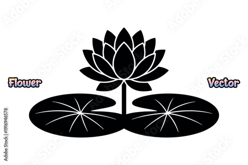 Lotus flower with lily pads. Pond life nature silhouette. Minimalist aquatic plant icon. Zen floral garden graphic. Black and white botanical art. Isolated water blossom design element vector.