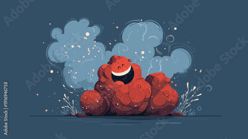 A smiling, rocky character with fluffy clouds and sparkles in a blue/gray world