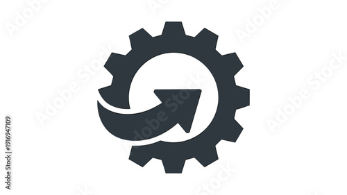 Dark gray gear with curved arrow symbol on keywords: white background cogwheel mechanism mechanical