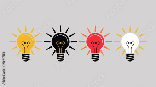 Four light bulbs yellow keywords: black red white with radiating lines on gray background lightbulb idea