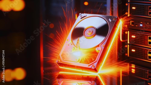 Radical growth in demand and prices for storage devices, an HDD spins up, sparks, and annihilates in a flash of light and matter, a futuristic visualization of industry demand for solid-state memory