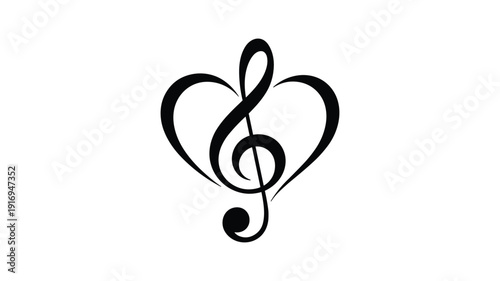 Keywords: Black treble clef forming a heart shape on a white background music symbol