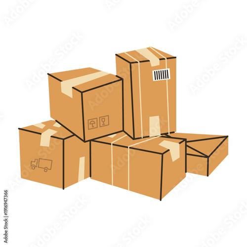 Vector illustration of stacked cardboard boxes arranged in a pile. Concept of moving house and delivery service, representing relocation, packing, shipping, storage and transportation of goods.