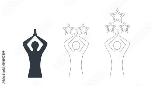 Silhouette of person in yoga pose with stars above hands in prayer position keywords: meditation