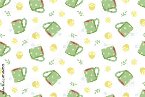 Seamless tea time pattern with cups and lemons, cozy hand drawn background for cafe menu, packaging, textile, wallpaper and relaxation illustration