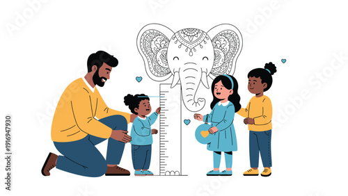 Father smiling while measuring the height of his three children against a wall chart shaped like an elephant's head.