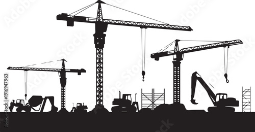 Black and white construction equipment silhouette cranes