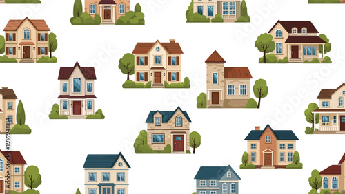 Seamless architectural pattern featuring a variety of suburban residential houses with different designs and green landscaping.