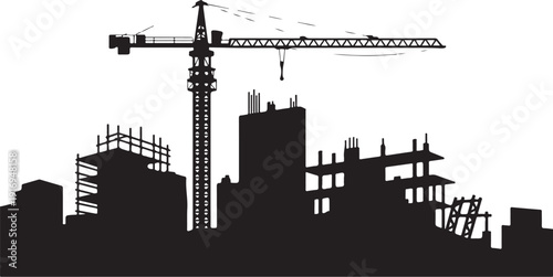 Black and white construction site with crane and buildings