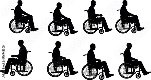 Black silhouette collection of people sitting in wheelchairs, men and women disabled persons, healthcare and medical accessibility icons, isolated on white