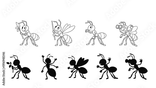Set of cartoon ant character illustrations performing various actions like holding a leaf or using binoculars with matching silhouettes.