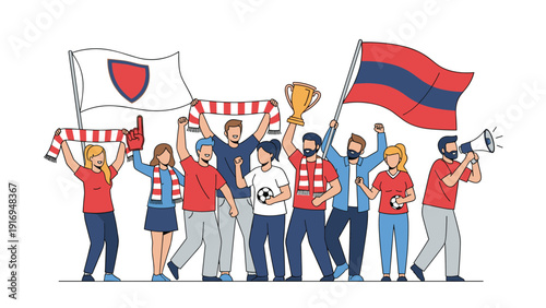 Diverse group of enthusiastic sports fans cheering with flags, scarves, a trophy, and a megaphone for their team.