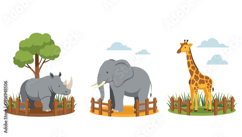 Zoo animals including a rhino, an elephant, and a giraffe standing inside their wooden fenced enclosures under a blue sky.