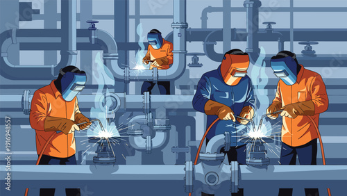 Group of professional welders in protective gear working on large industrial pipes in a factory setting with bright sparks.