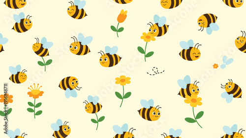 Adorable seamless pattern featuring smiling cartoon honey bees flying among colorful spring flowers on a light yellow background.