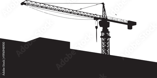 Black and white crane on construction site silhouette
