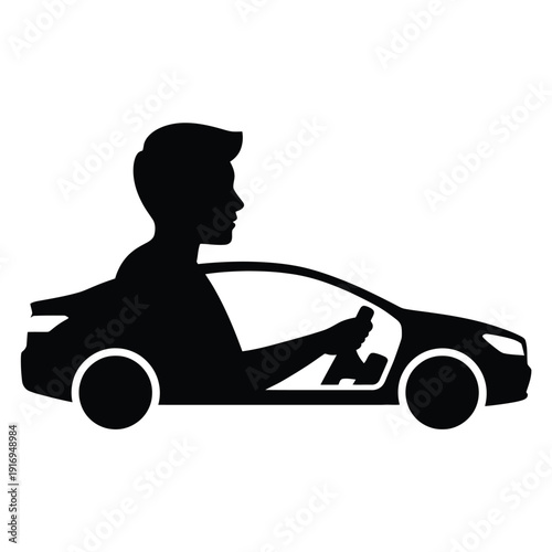 A silhouette of a person driving a car with a child in the backseat isolated on white background, Vector, illustration