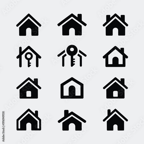 A collection of house and key icons representing various housing and security concepts isolated on white background, Vector, illustration