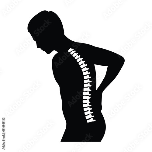 Person experiencing lower back pain with highlighted spine isolated on white background, Vector, illustration