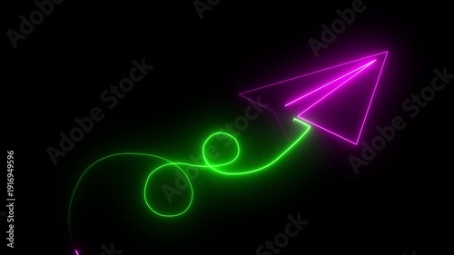 blue color paper plane flying in and out of the frame. Neon glowing Paper airplane is flying. Business success concept. One line drawing. glowing neon