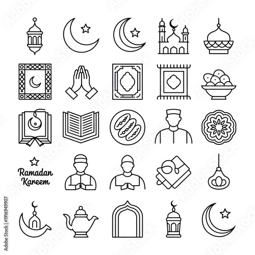 Diverse symbols and icons representing the holy month of ramadan isolated on white background, Vector, illustration