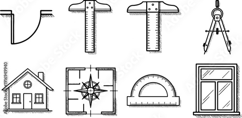 A second set of hand-drawn engineering and architectural symbols features measuring tools, house profiles, floor plans, and a compass rose on white.