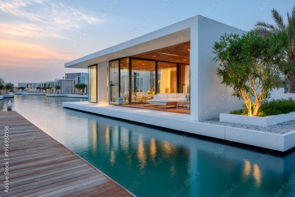 Fototapeta premium Modern floating villa on water during sunset creating reflections