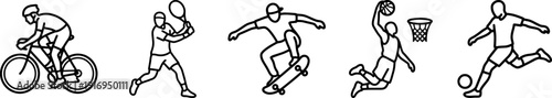 minimal black and white sports outline icon set featuring cycling running skateboarding basketball and soccer athletes in continuous line style