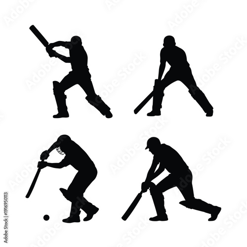 Silhouettes of baseball players demonstrating various batting stances and techniques isolated on white background, Vector, illustration
