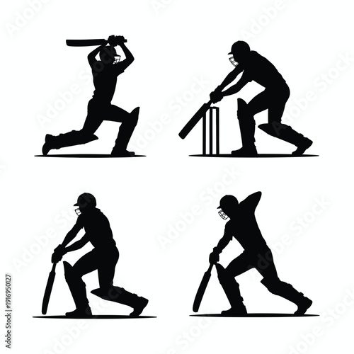 Silhouettes of cricket players in various batting positions and stances. isolated on white background, Vector, illustration