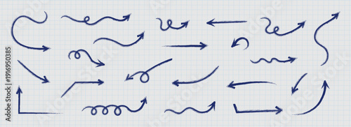 Doodle hand-drawn brush arrows set, simple drawing arrows for notes, decoration, and journal design. Creative concept, abstract charcoal scribble arrows, vector illustration.Cool kid fun crayon art.