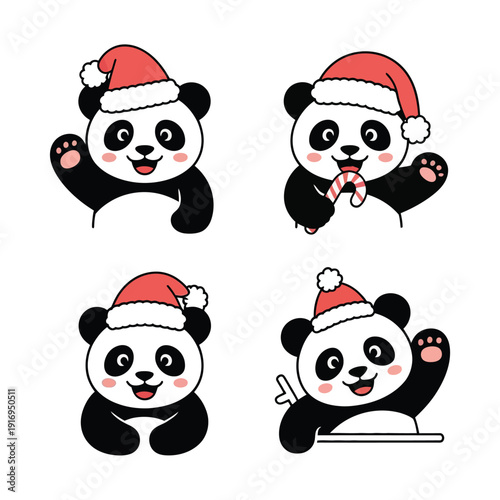 Four adorable pandas wearing festive red santa hats and mittens isolated on white background, Vector, illustration