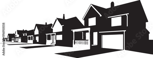 Black and white houses in suburban neighborhood silhouette