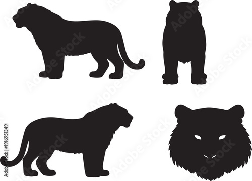 Tiger Silhouette Vector Set: Dynamic Collection of Panthera Tigris Poses Including Full Body Side Views, Front Stance, and Detailed Roaring Face Graphic Icon.