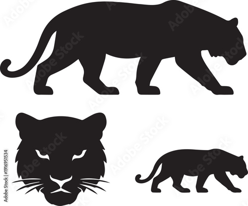 Wild Predator Vector Illustration Pack: Black Panther or Cougar Silhouette Collection, Featuring Full Body Walking Stance and Aggressive Head Logo Design for Modern Branding and Nature Concepts.
