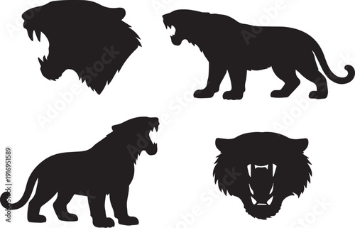 Aggressive Feline Silhouettes Vector Collection: Black Tiger and Cougar Graphics Roaring with Exposed Fangs - Powerful Wildlife Logo Elements for Sports Teams and Branding