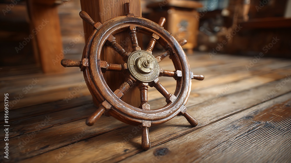 Obraz premium Antique wooden ship steering wheel on a rustic wooden floor