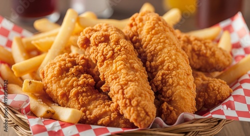 A basket of crunchy, breaded chicken tenders served with a side of golden french fries on a red checkered deli paper