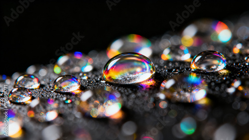 Abstract Macro Water Drops with Rainbow Iridescent Refraction on Dark Surface
