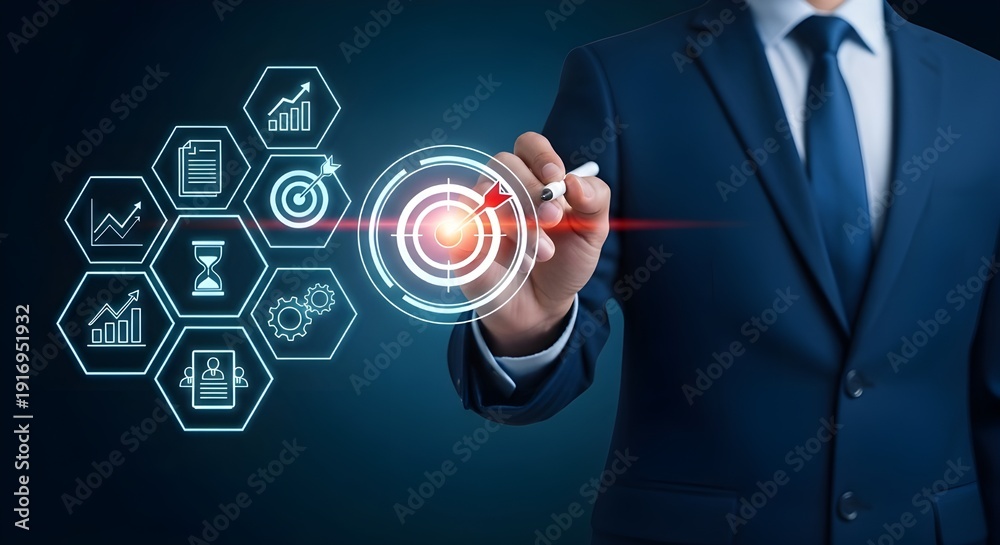 Fototapeta premium Goal setting and strategic focus using digital interface. businessman selecting target icon and strategy dashboard. strategic planning, performance tracking and digital business management for success