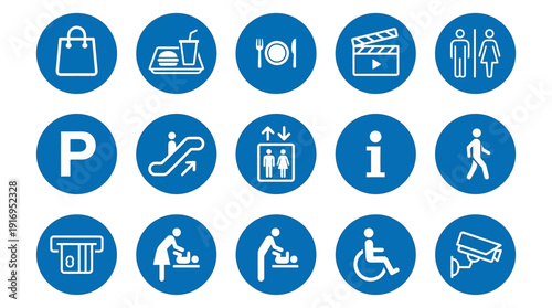 Shopping Mall Icon Set 12 Blue Circle ISO Retail Wayfinding Pictograms