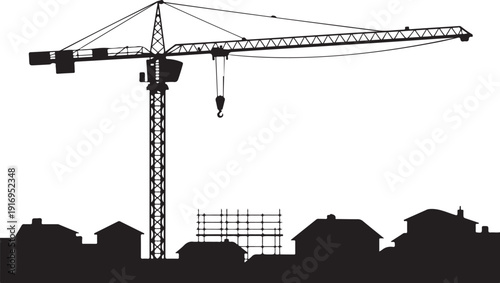 Black and white silhouette of a construction crane and houses
