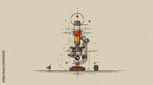 A stylized illustration featuring an orange and black microscope on a beige background