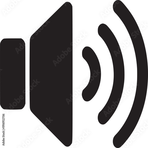 A black and white graphic of a speaker icon with sound waves emanating from the right side of it