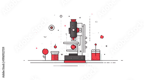 Stylized illustration of a laboratory scene with a microscope and related equipment, using vibrant colors